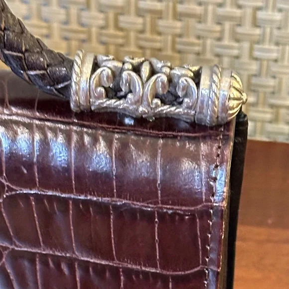 🌟7xHP🌟VTG 90s Brighton Croco Embossed Brown & Black Leather Organizer Wallet Bag - Picture 4 of 15